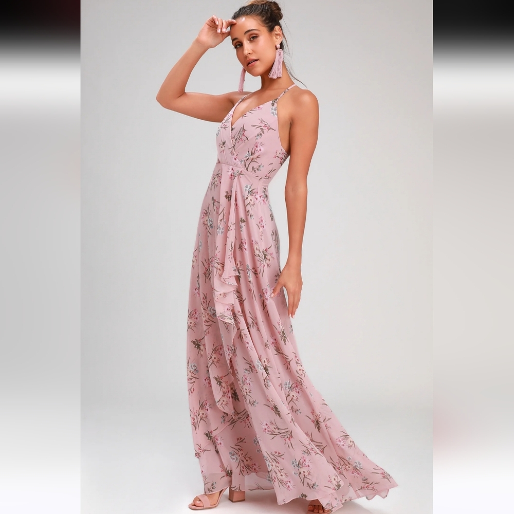 NEW LuLus Romance Abound Mauve Pink Floral Print Surplice Maxi Dress XL